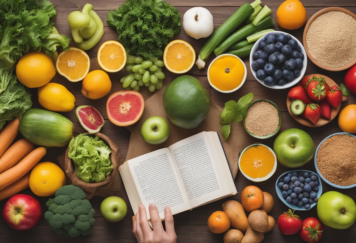 A table with colorful fruits, vegetables, and whole grains. A male cancer thriver reading a book on healthy eating