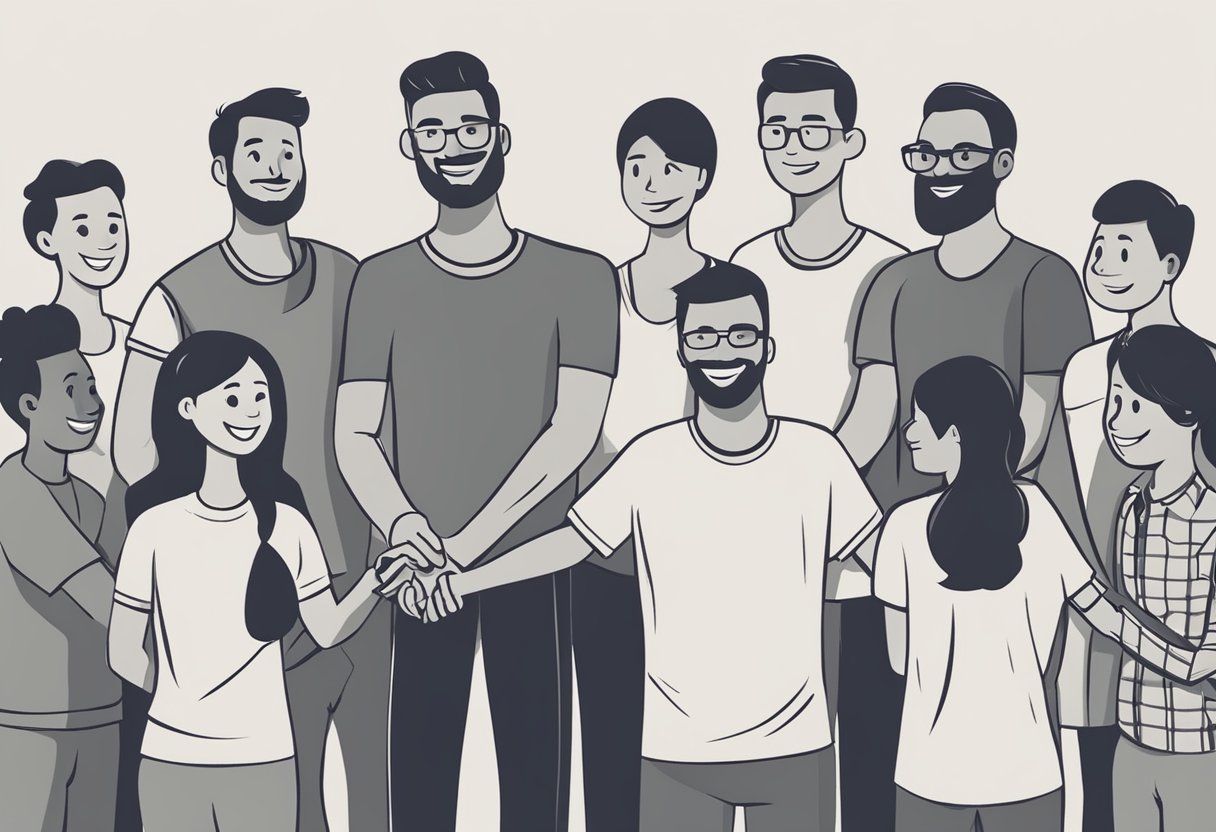 A group of people gather around a male cancer survivor, offering support and encouragement. They stand in a circle, holding hands and smiling