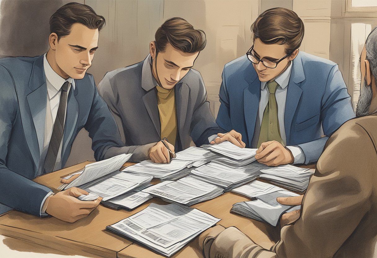 A man organizes his financial documents while reaching out to friends for support