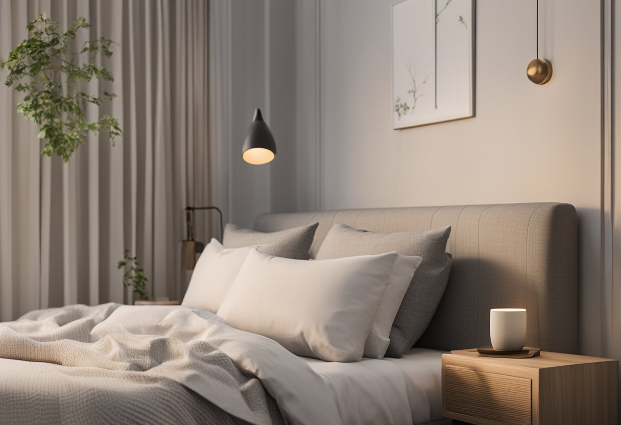 A cozy bedroom with dim lighting, a comfortable bed, and soothing decor. A journal and pen sit on the nightstand, symbolizing reflection and goal-setting for improved sleep