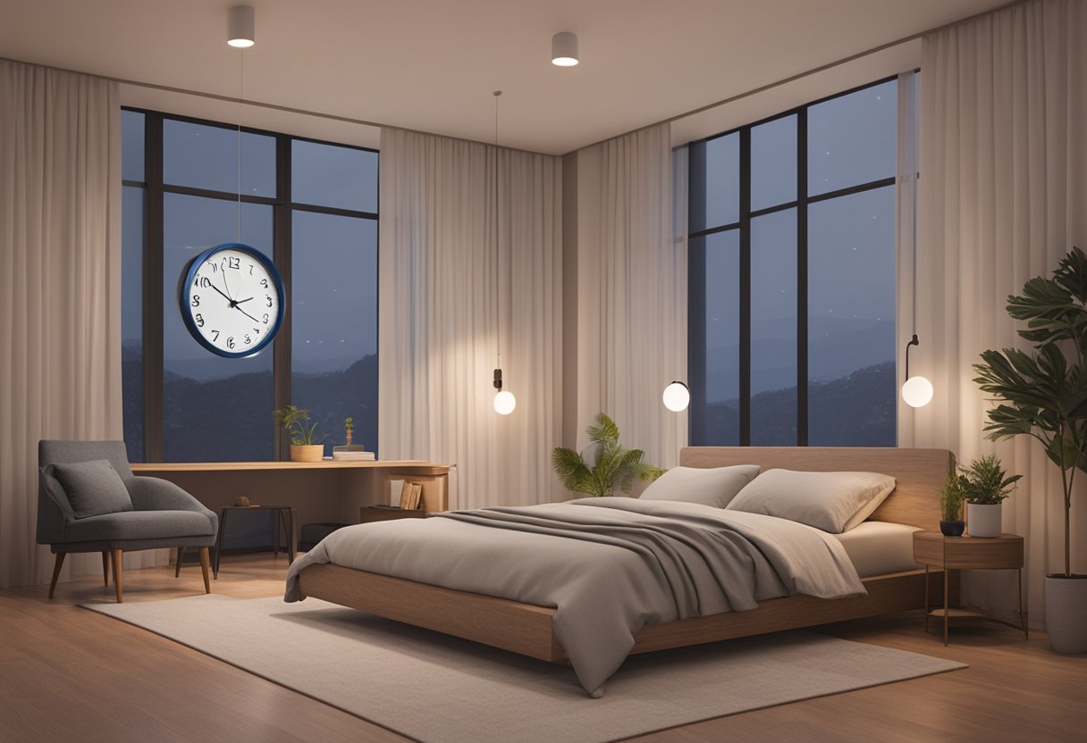 A peaceful bedroom with a cozy bed, dim lighting, and a serene atmosphere. A clock shows a late hour, indicating the importance of sleep for cancer thrivers