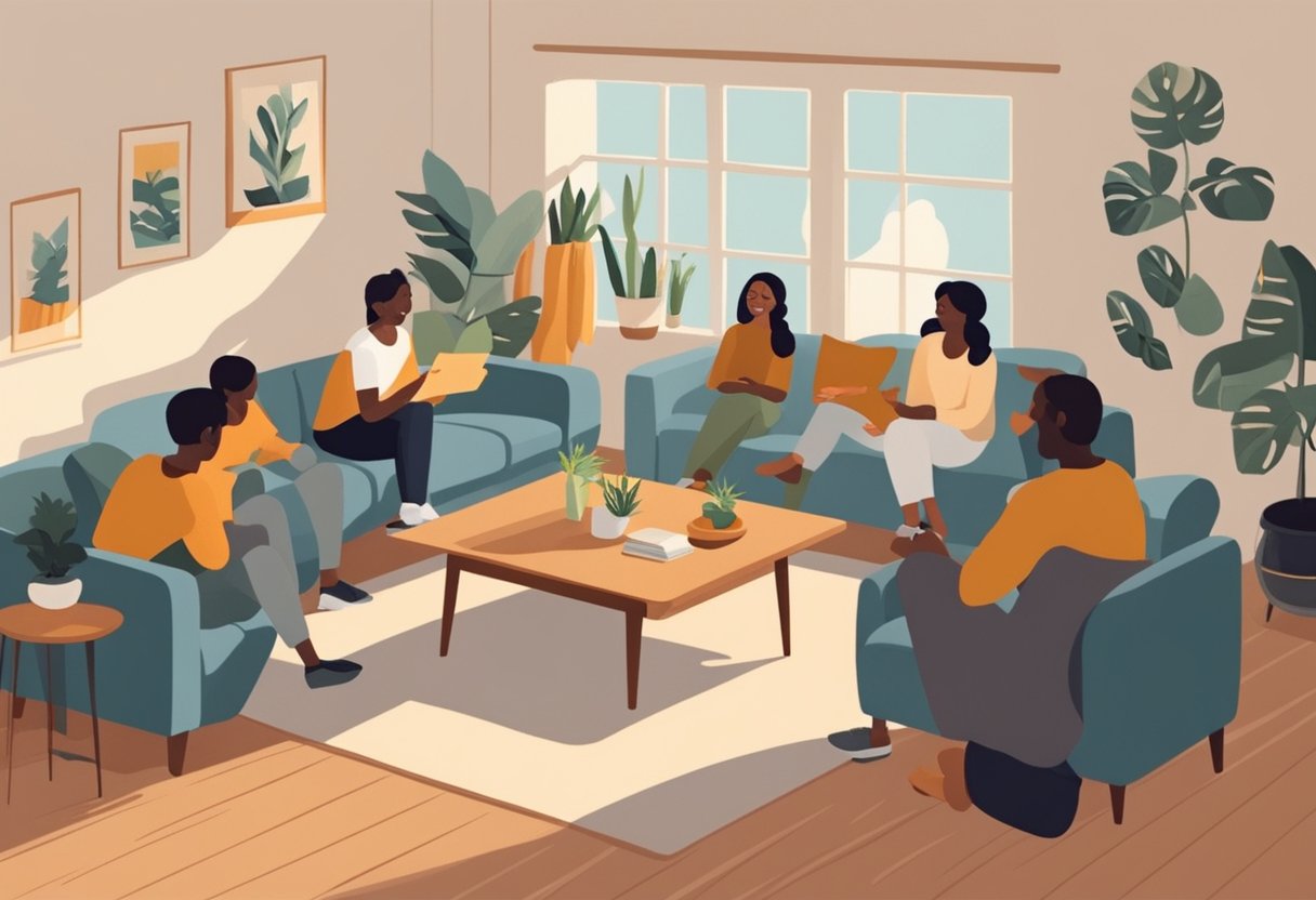 A person sitting peacefully in a cozy room, surrounded by supportive friends and family. A warm, comforting atmosphere promotes relaxation and a sense of well-being