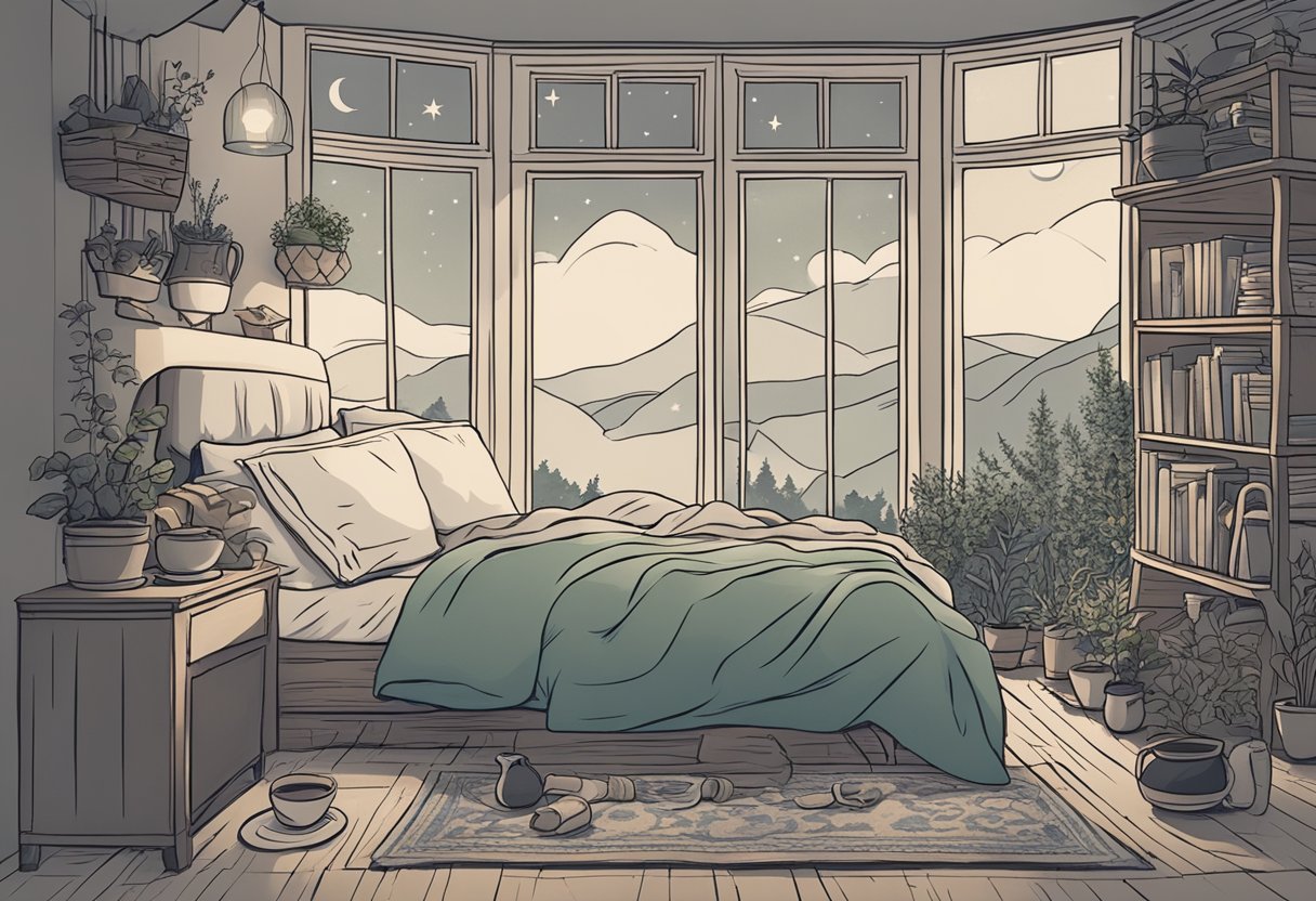 A person peacefully sleeping, surrounded by calming elements like a warm cup of herbal tea, a cozy blanket, and a dimly lit room
