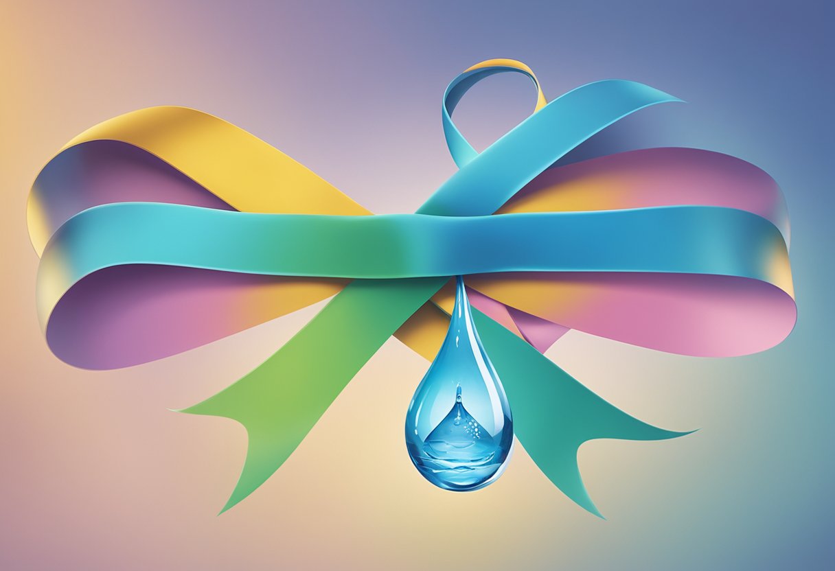 A water droplet hovers over a cancer ribbon, symbolizing hydration goals for cancer survivorship