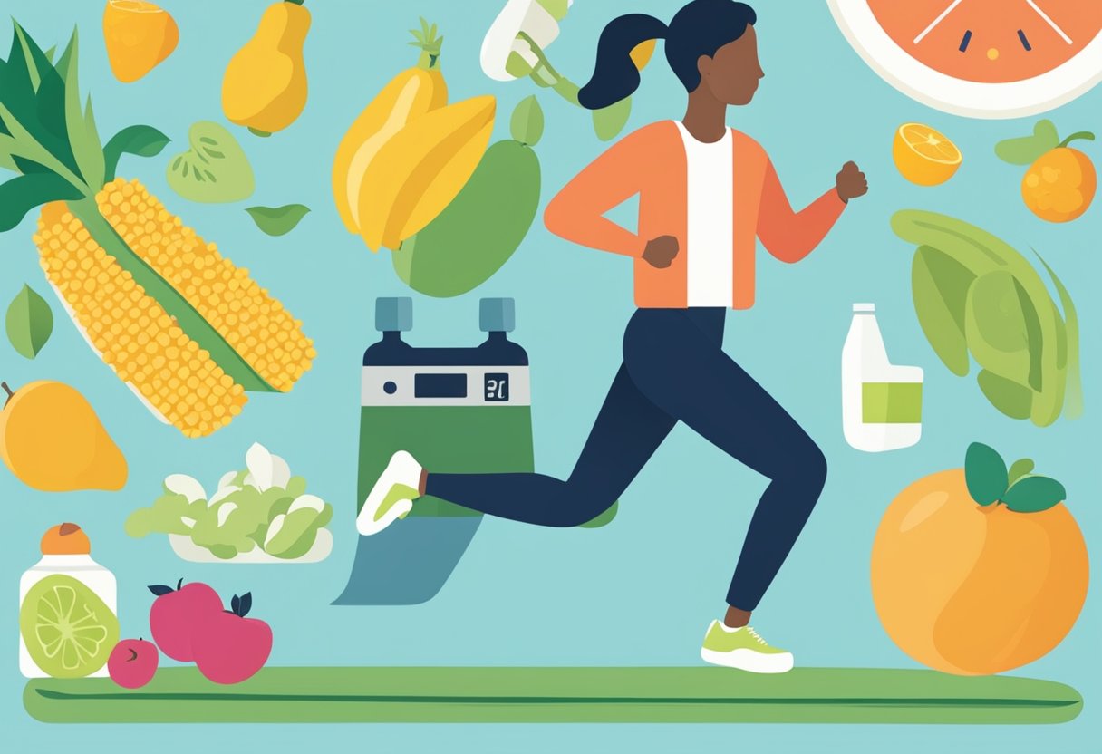 A person jogging with a water bottle, surrounded by healthy food and a scale, symbolizing physical activity, hydration, weight management, and cancer survivorship