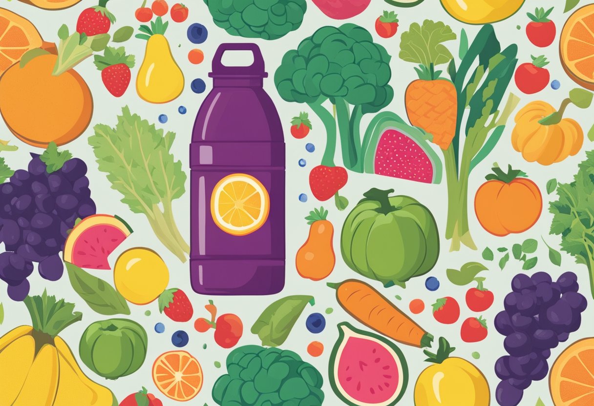 A water bottle surrounded by vibrant fruits and vegetables, with a ribbon symbolizing cancer survivorship