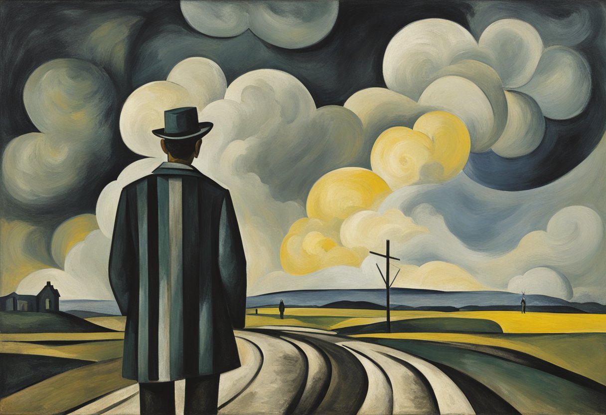 A person standing at a crossroads, with one path leading to a dark, stormy sky and the other to a bright, sunny horizon