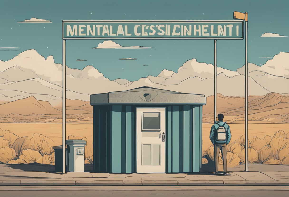 A man stands confidently at a mental health checkpoint, symbolizing his resilience as a cancer thriver. The backdrop features supportive resources and a sense of community