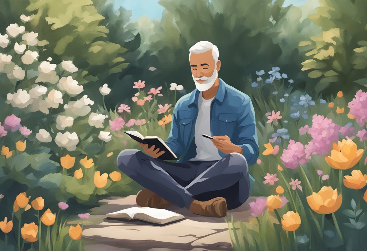A man sits in a peaceful garden, surrounded by blooming flowers and serene nature. He holds a journal and pen, reflecting on his mental health journey as a cancer thriver