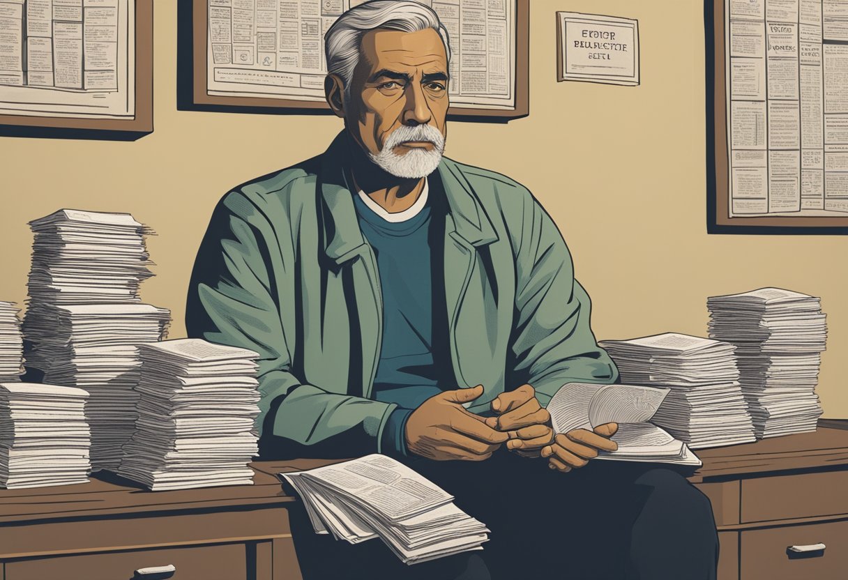 A man sits in a doctor's office, surrounded by pamphlets on managing treatment side effects. He looks determined, with a sense of hope and resilience in his eyes