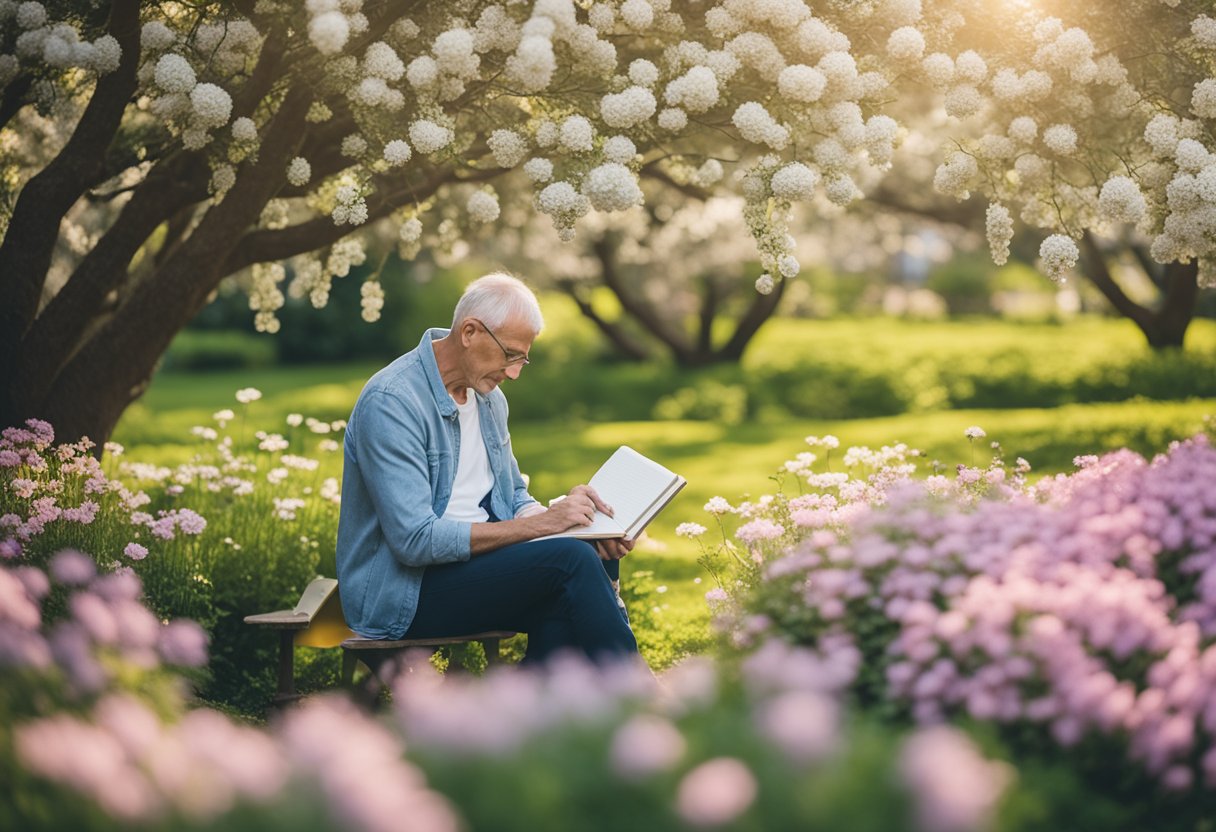 A man sits in a serene garden, surrounded by blooming flowers and gentle sunlight. He holds a notebook, reflecting on his mental health journey during cancer treatment