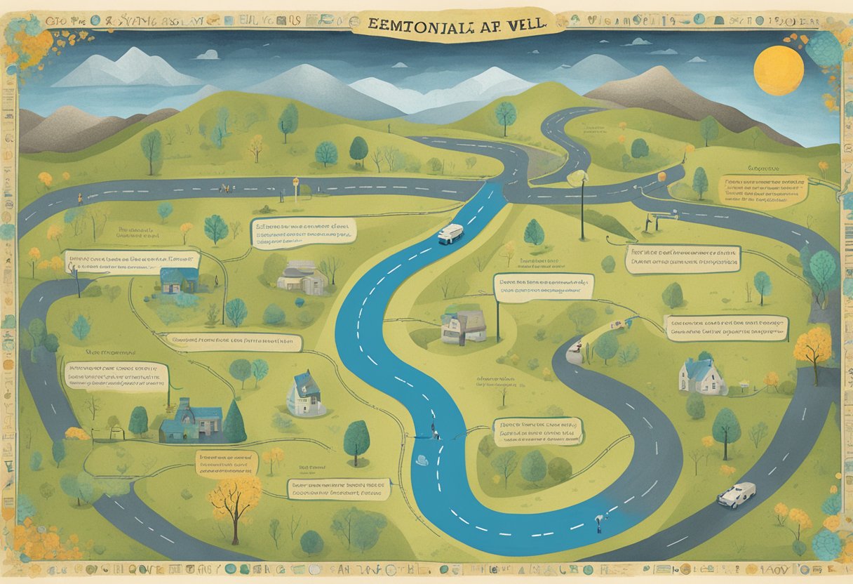 A man stands at a crossroads, with paths leading to "Emotional Well-being," "Support Networks," and "Self-care." A map in his hand shows the journey of life after cancer