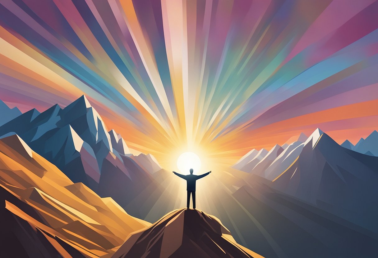 A man stands on a mountain peak, arms outstretched, facing the sunrise. A beam of light illuminates his face, radiating hope and courage