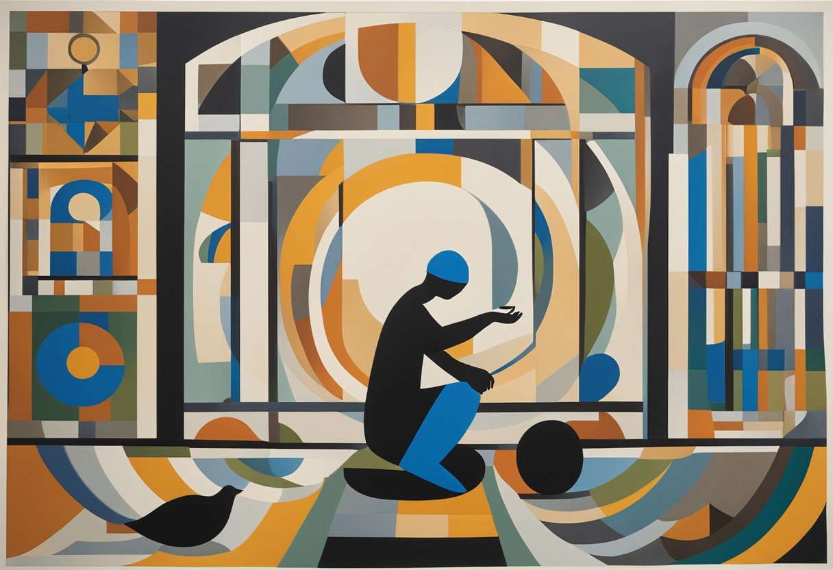 A figure sits in quiet reflection, surrounded by symbols of gratitude and strength. The scene exudes a sense of peace and resilience