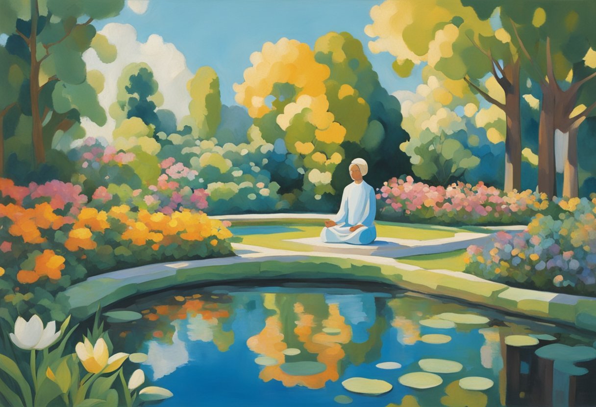 A sunlit garden with blooming flowers, a peaceful pond, and a vibrant blue sky. A figure sits in meditation, surrounded by a sense of calm and gratitude