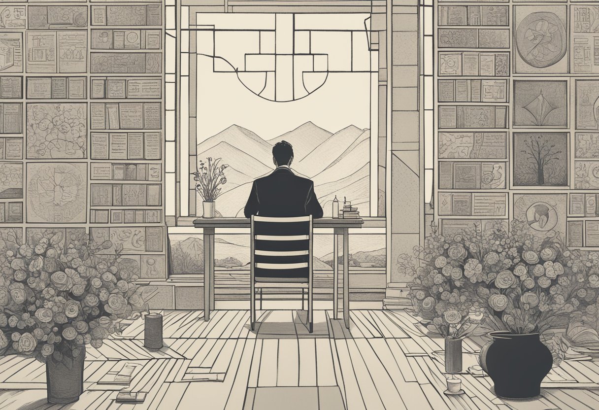 A man sits in quiet reflection, surrounded by symbols of gratitude - a journal, a candle, and a small bouquet of flowers