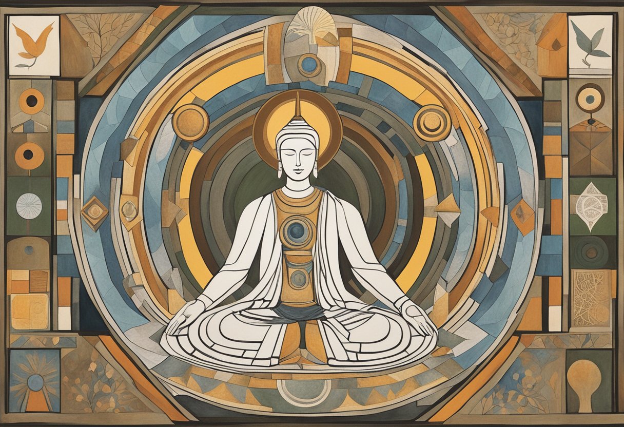 A serene figure surrounded by healing symbols and natural elements, radiating gratitude and strength