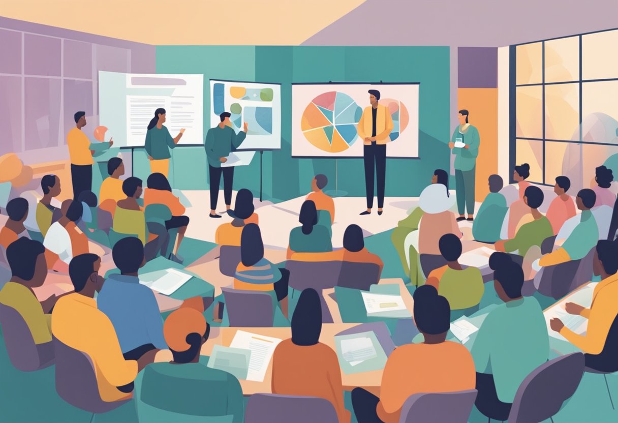 A group of people gathered around a presentation, discussing cancer diagnosis and early detection. Educational materials and visual aids are displayed to support the discussion