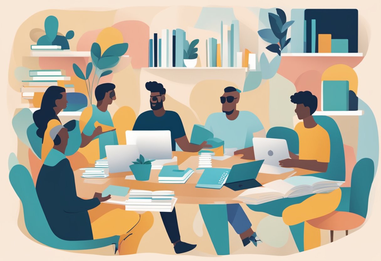 A group of people gather around a table, sharing knowledge and resources for male cancer survivors. Books, computers, and supportive materials are spread out, creating a collaborative and educational atmosphere