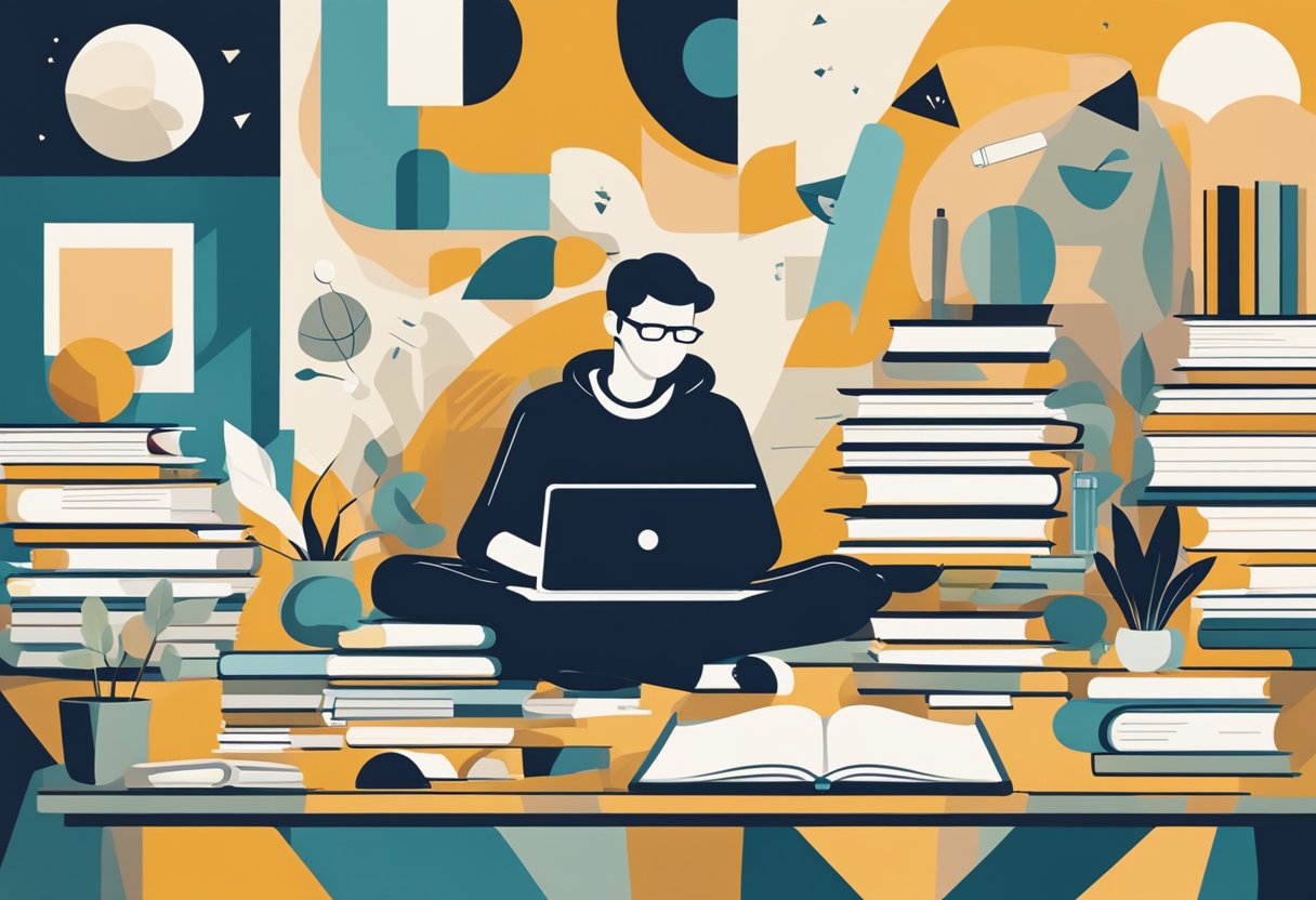 A man studying with books and a laptop, surrounded by educational materials and a supportive environment