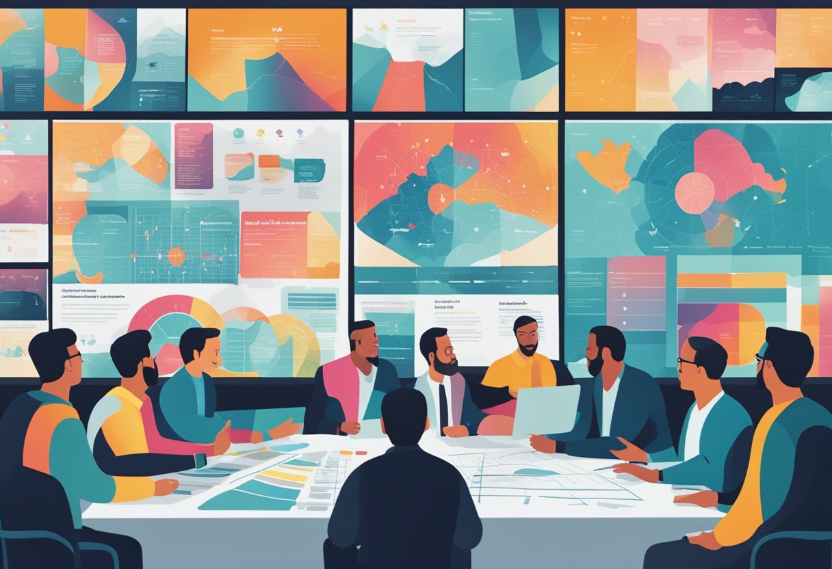 A group of men engage in an educational discussion about cancer, with charts and diagrams displayed on a large screen