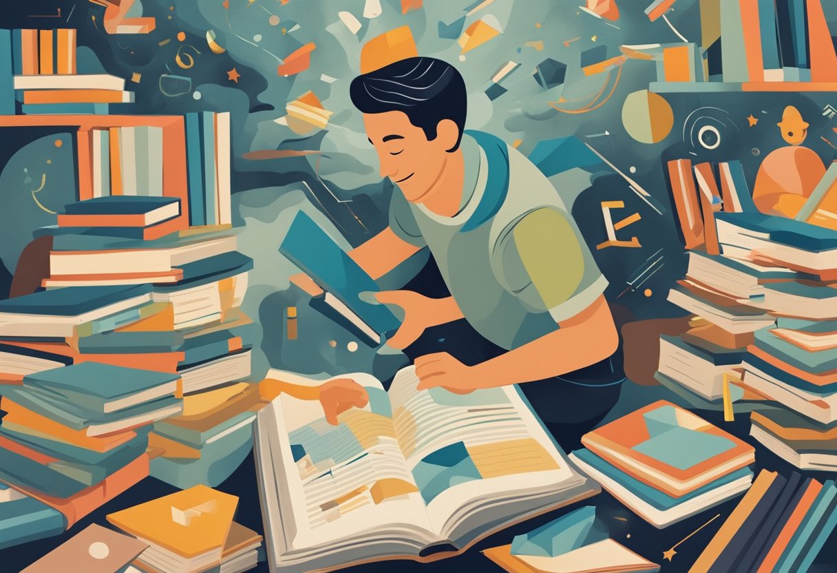 A man joyfully engages in learning activities, surrounded by books and educational materials, radiating a sense of emotional well-being