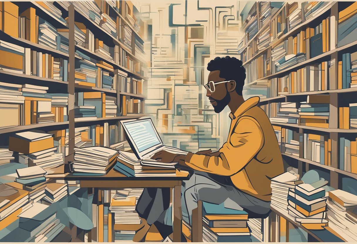 A man engages in educational activities, surrounded by books, a laptop, and notes. He exudes determination and focus in his pursuit of knowledge and personal growth