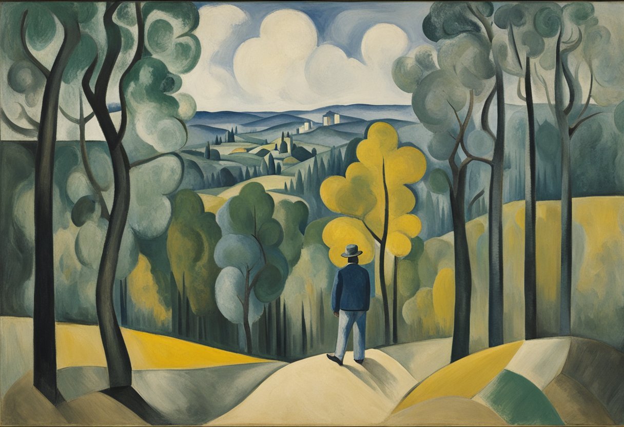 A figure standing at the edge of a forest, gazing out at a winding path leading through a series of changing landscapes