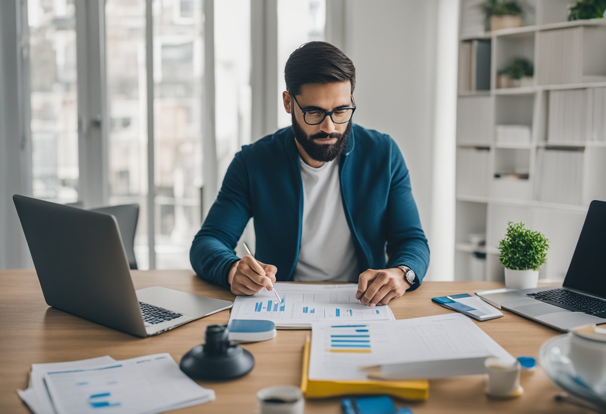 A man reviews health insurance paperwork, calculating treatment expenses