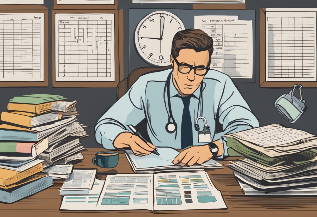 A man reviewing financial documents with a concerned expression, surrounded by medical reports and a calendar marked with doctor's appointments