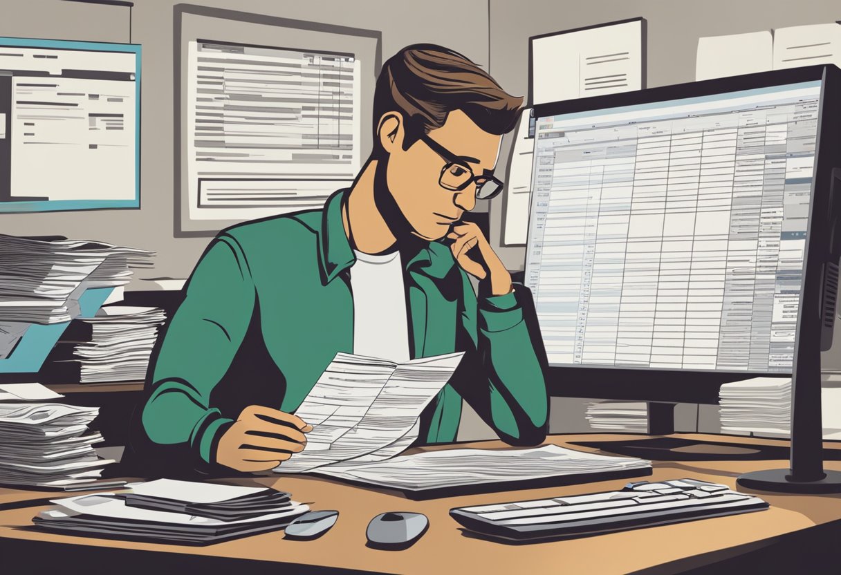 A man sits at a desk, organizing bills and receipts. A budget spreadsheet is open on his computer screen. He looks determined and focused