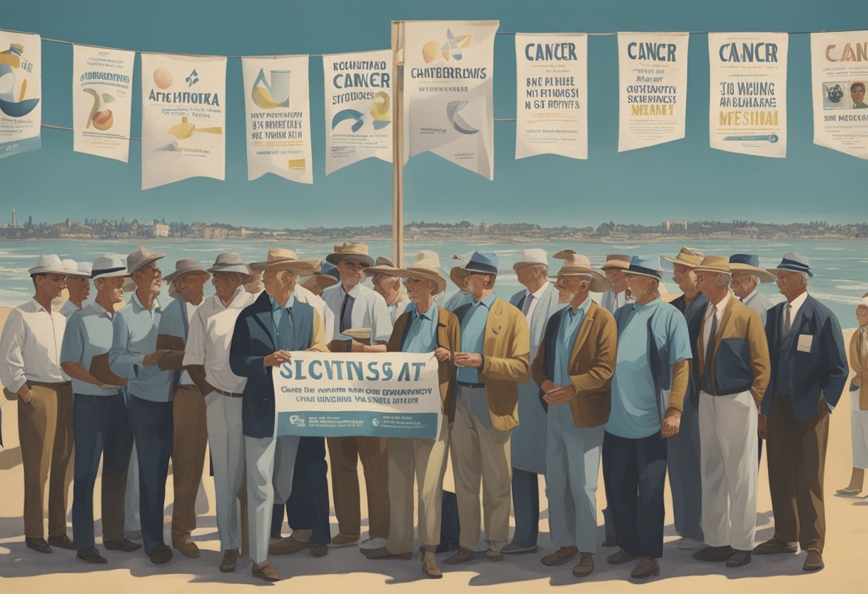A group of men gathering to promote cancer awareness and support, with banners and informational materials displayed