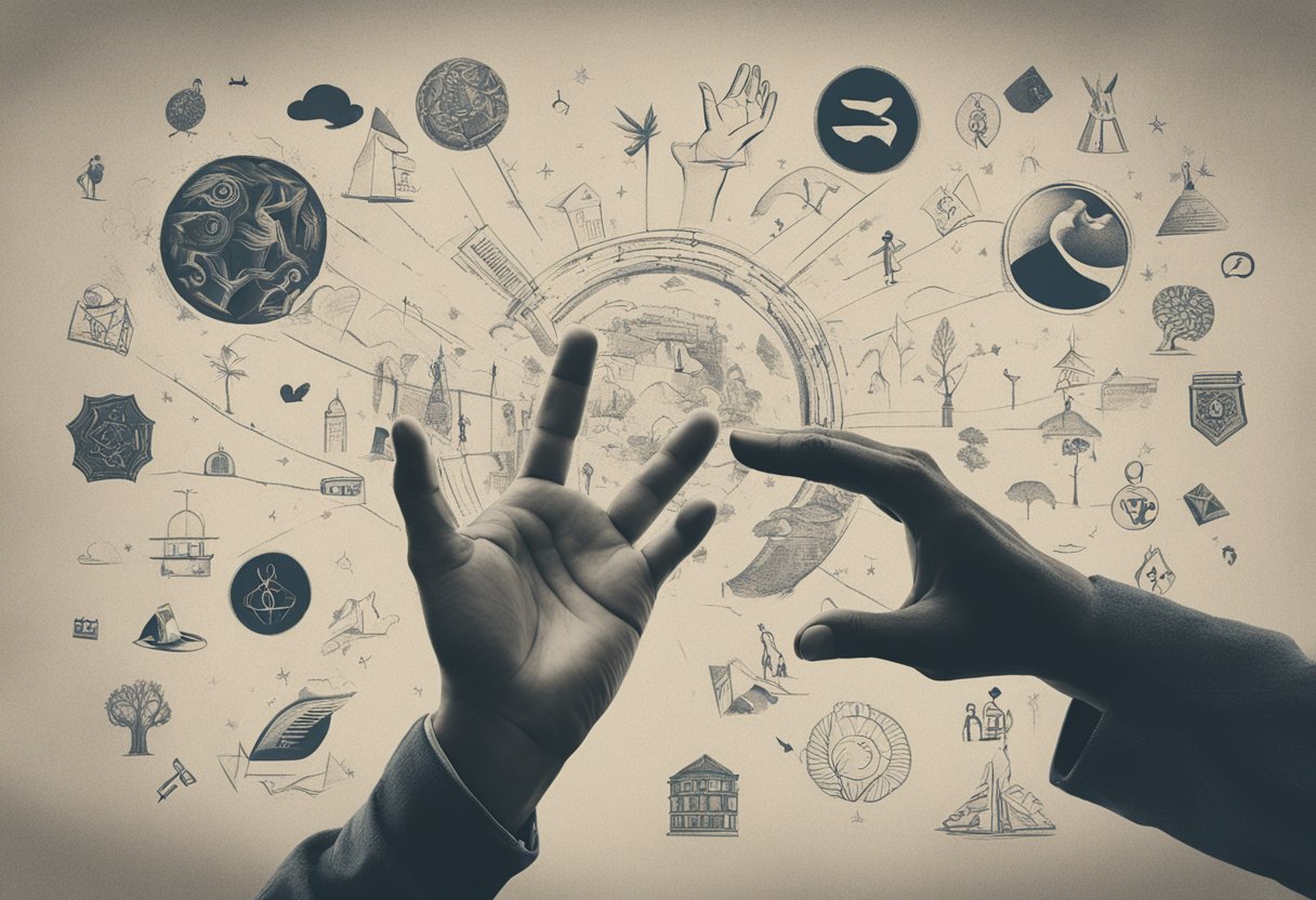 A man's hand reaching out to offer support to a cancer patient, surrounded by symbols of hope and strength