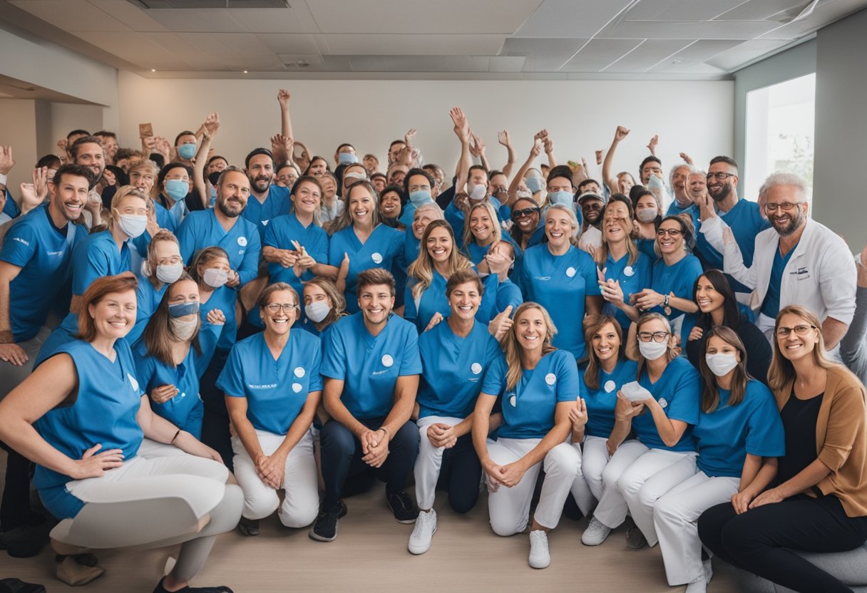 A group of volunteers and medical professionals celebrate as a male cancer thriver shares his story of overcoming the disease. The atmosphere is filled with hope and support