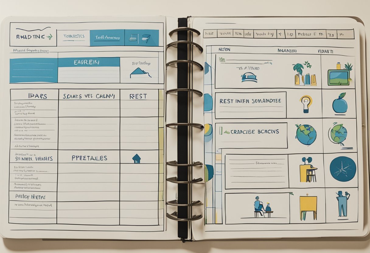 A man schedules exercise, work, and rest in a planner