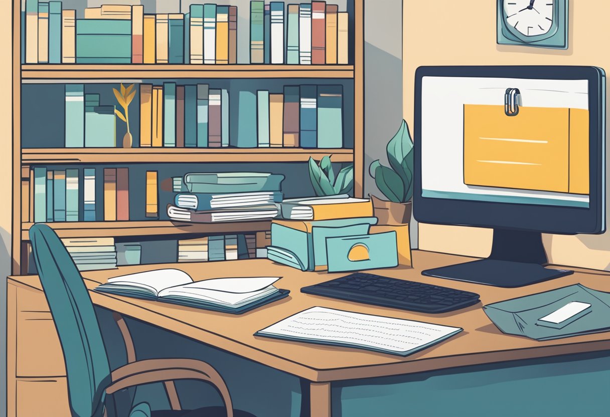 A desk with neatly organized folders, calendars, and a clock. A planner open to a page with time management strategies. A bookshelf filled with resources on cancer survivorship