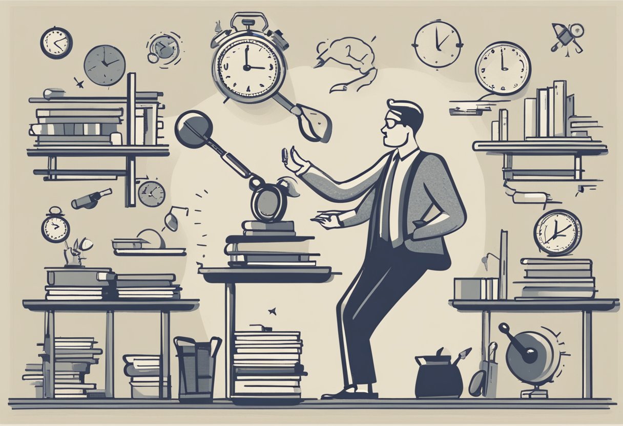 A man juggling multiple tasks while maintaining a calm and focused demeanor, surrounded by tools and resources for managing time and thriving despite challenges