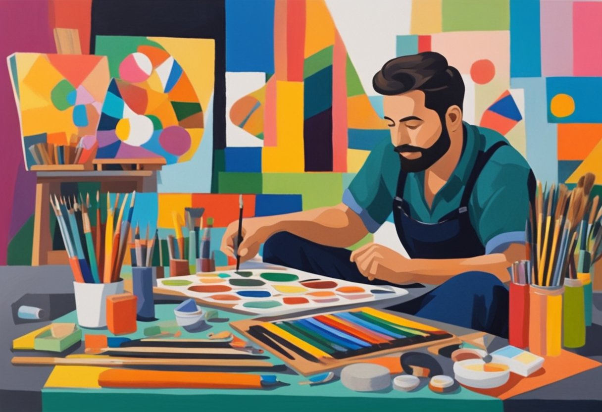 A man sits surrounded by art supplies, painting a vibrant canvas with bold strokes, his face serene and focused. The colors and shapes on the canvas seem to radiate healing energy