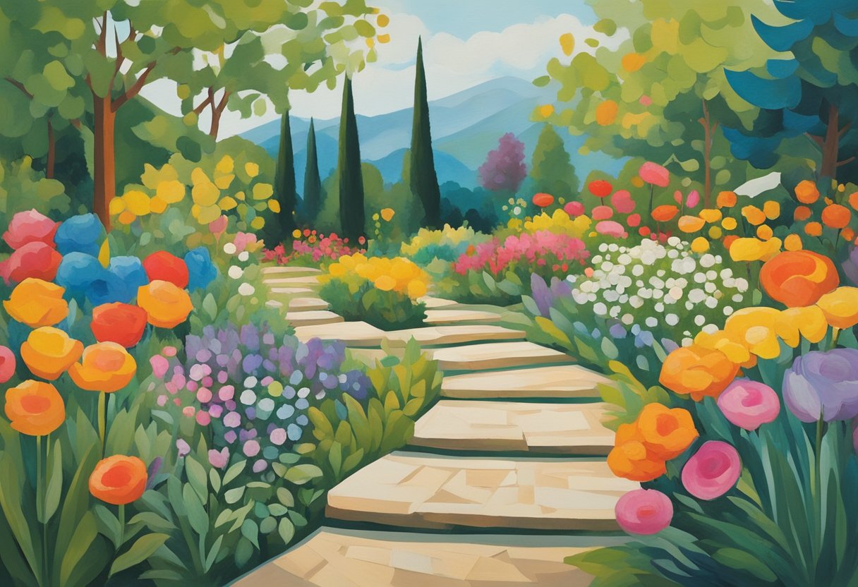A vibrant garden with blooming flowers and a winding path, symbolizing growth and healing. A paintbrush and canvas sit nearby, ready for creative expression