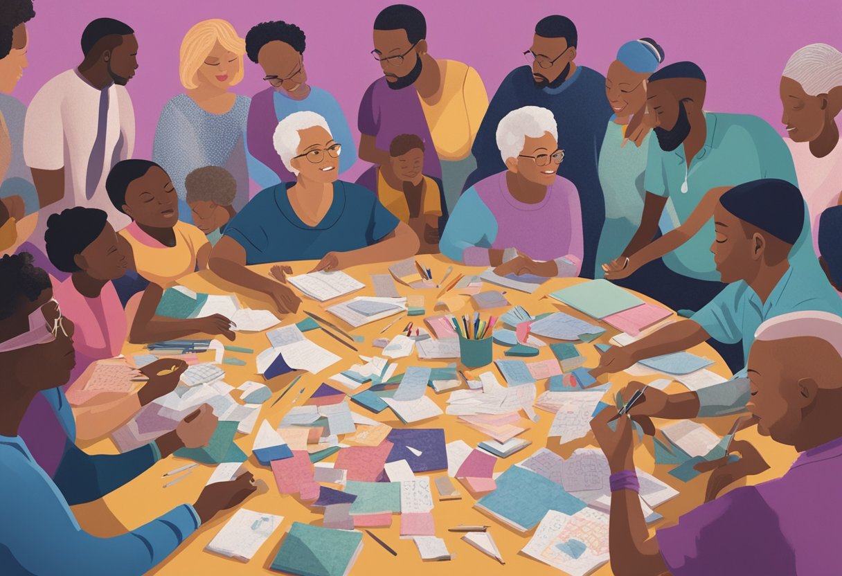 A group of diverse individuals gather around a cancer survivor, offering words of encouragement and support. Art supplies are scattered around, as the survivor engages in creative expression