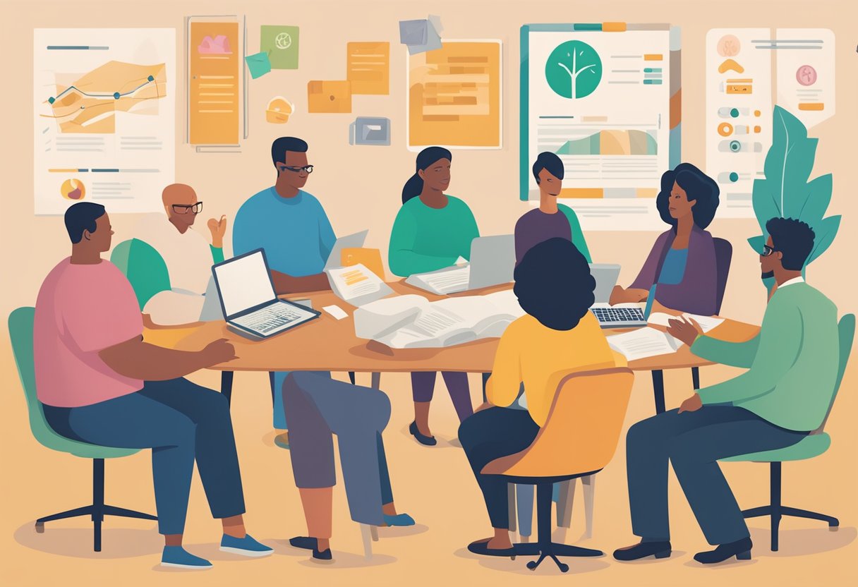 A diverse group gathers, sharing resources and knowledge, discussing financial wellness planning for cancer thrivers