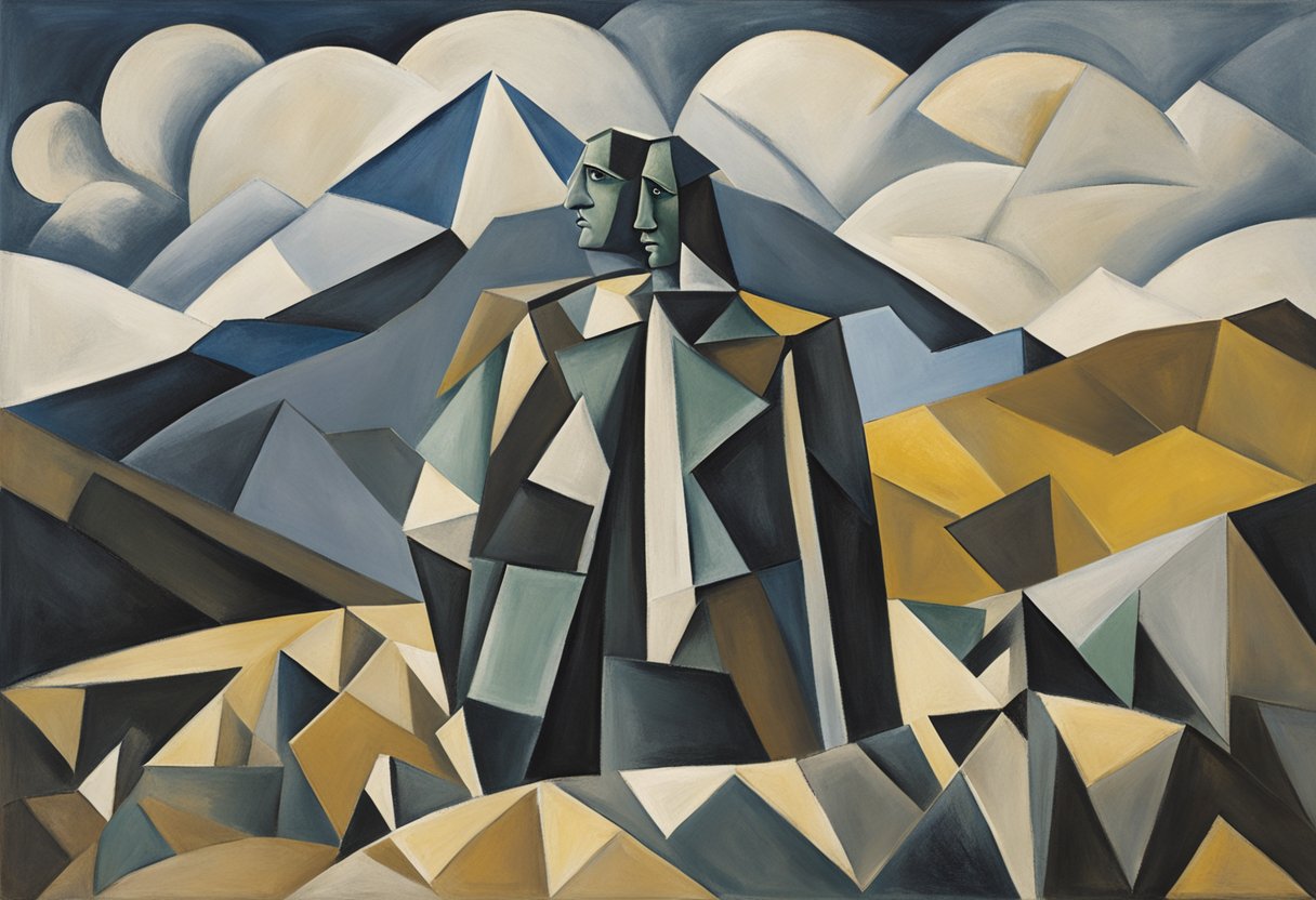 A figure stands strong, facing a daunting mountain. The landscape is rugged, with a sense of determination and resilience in the air