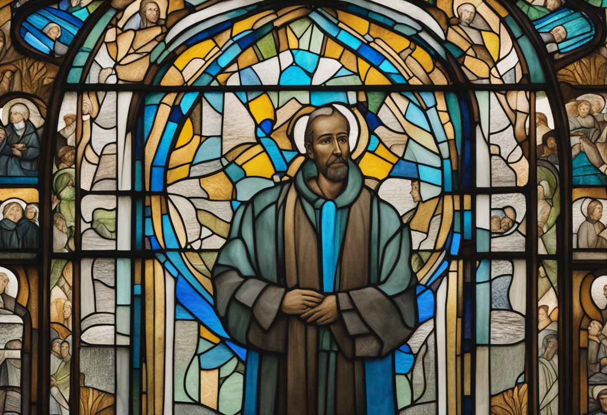 A man stands surrounded by supportive figures, symbolizing the embrace of caregivers and loved ones