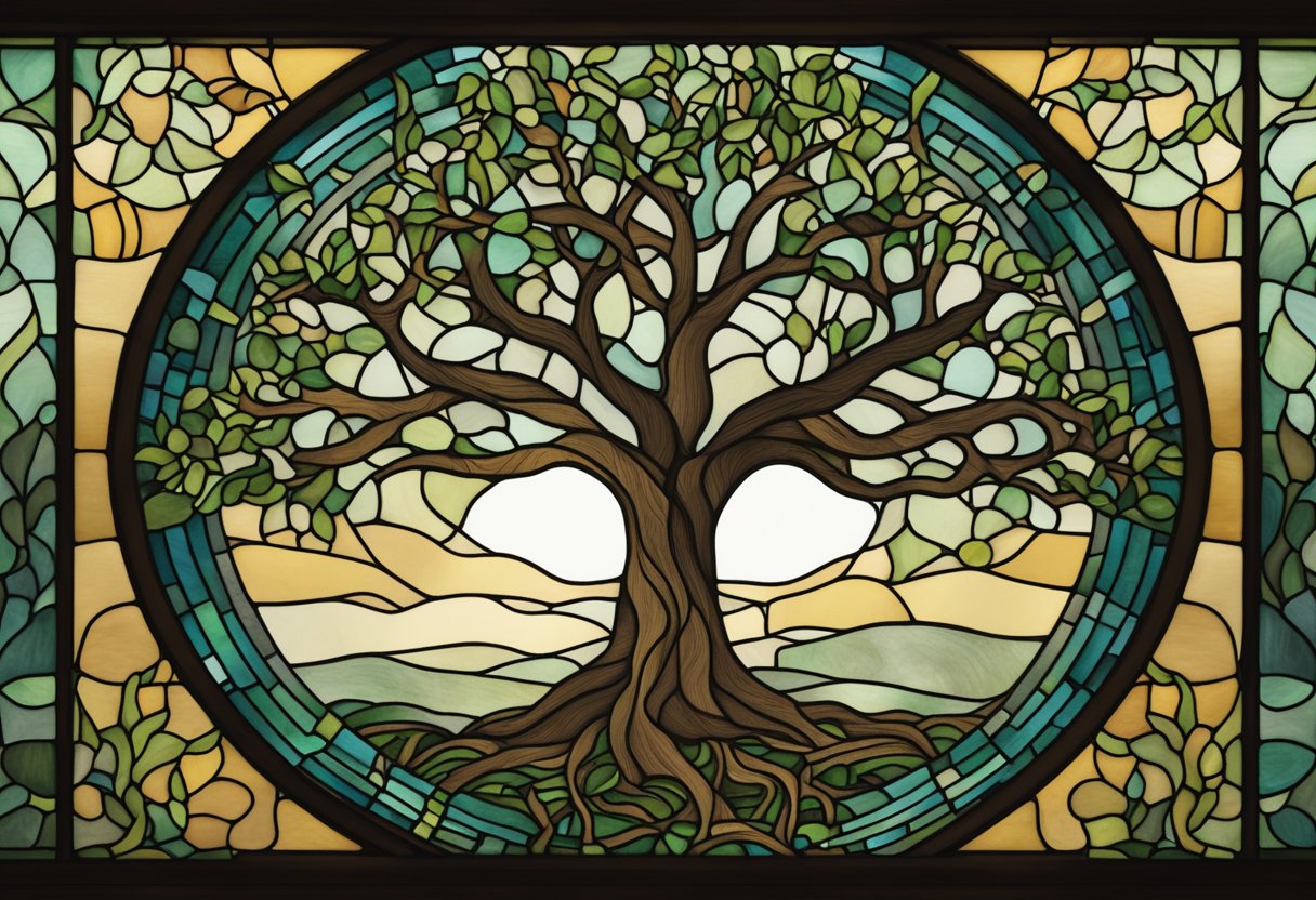 A tree with deep roots symbolizing support, surrounded by gentle waves representing self-care