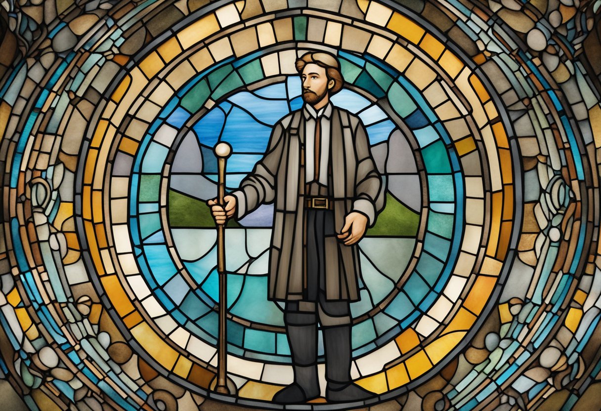 A man stands tall, surrounded by a circle of support. He holds a balance between self-care tools and the strength of his community