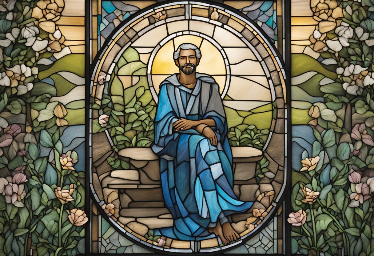 A male cancer warrior sits in a peaceful garden, surrounded by supportive friends and family. He balances self-care with the love and encouragement of his loved ones