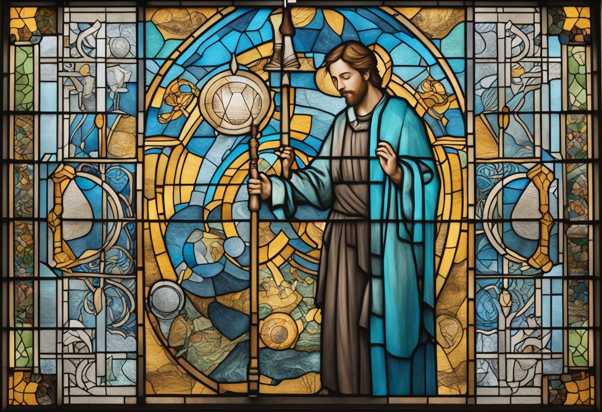 A figure surrounded by supportive symbols and activities, representing the balance of self-care and support for a male cancer warrior