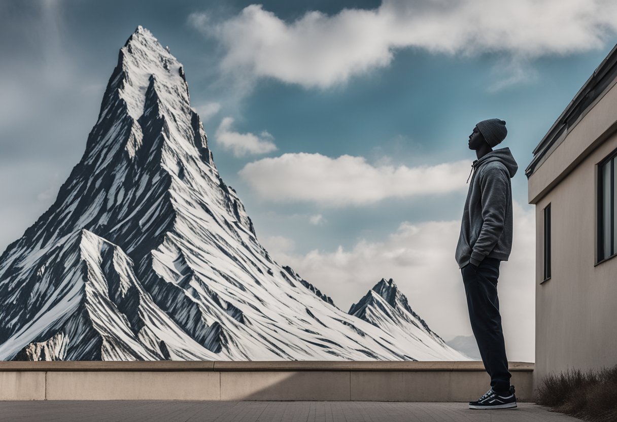 A male figure stands tall, facing a daunting mountain. He conquers his fears, symbolizing the triumph over male cancer