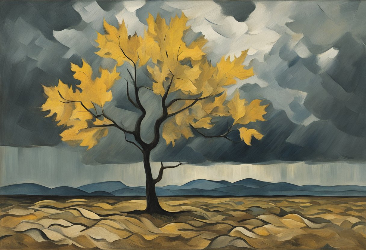 A lone tree stands tall against a stormy sky, its branches twisted but resilient. The ground is scattered with fallen leaves, symbolizing the warrior's journey