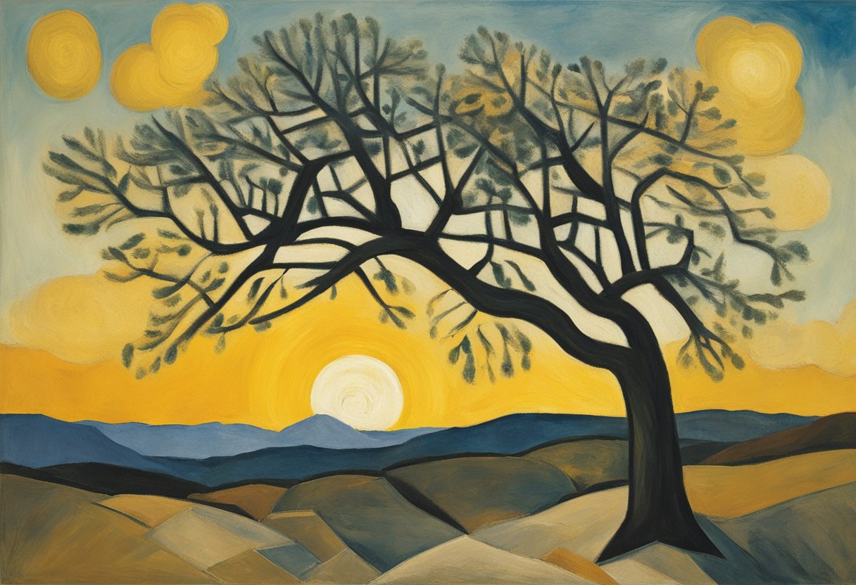 A lone tree stands tall in a barren landscape, its branches bending but not breaking in the face of harsh winds. The sun sets in the distance, casting a warm glow over the tree, symbolizing resilience and strength in the midst of adversity